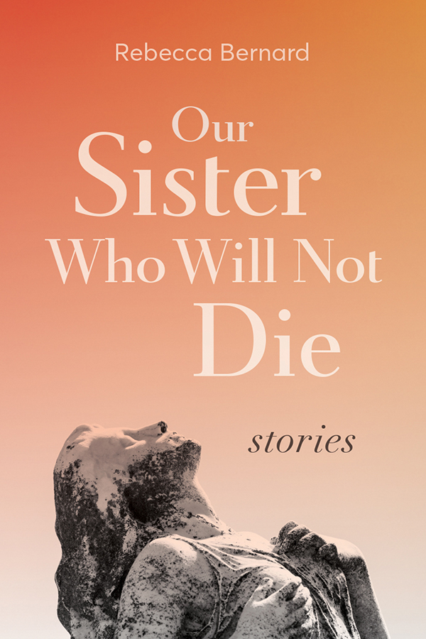 Our Sister Who Will Not Die book cover, showing a photograph of a lichen-spotted marble statue of a woman clutching her chest with head arched backward, against a gradient, pale orange background