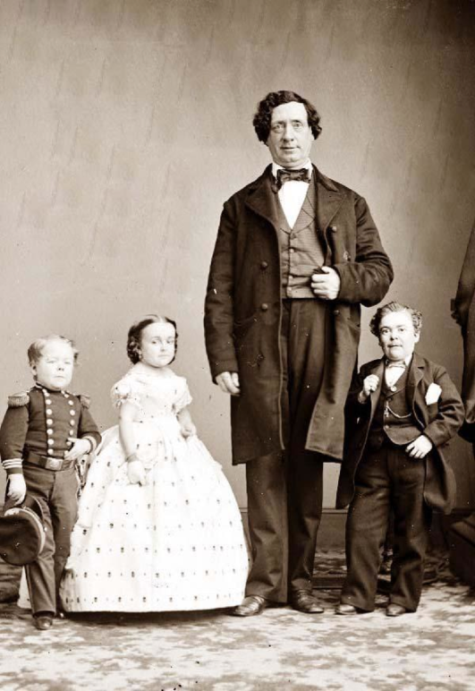 In this photo, "General Tom Thumb" is on the far left, wearing a military outfit and holding a military hat in their hand. The military outfit has been specially tailored for Tom in a small size. Beside Tom is Lavinia Warren, slightly taller in stature, wearing an elaborate white gown. "The Giant" wears a three-piece suit and stands beside Warren, fully twice Lavinia's height. On the far right is Commodore Nutt, also wearing a three-piece suit. Nutt is about the same height as Tom and Lavinia, and all three are much shorter than "The Giant"-this is the contrast that the image is seeking, and which Sherman's photos seem to mimic. The photo is available in the above-mentioned archive of accompanying images.