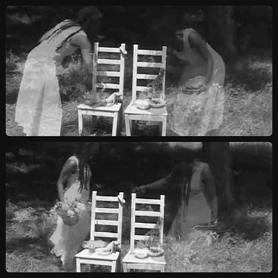 A two-panel image of the same scene as Figure 1, except the top panel now has two faint, faded images of the woman standing on either side of the chairs, setting an offering on their seats. The bottom panel is the same scene again, but with two images of the woman, again faint and faded, standing on either side of the chairs, looking at the items she placed on them in the top panel.