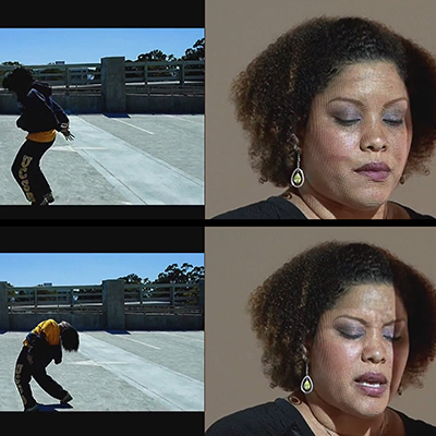 Image with two screenshots, each with two panels. Top screenshot shows a student dancing in a parking lot in the left panel, and a woman looking down in the right panel. Bottom screenshot shows same student dancing in the parking lot, this time bent over backwards. The same woman is on the right panel again, this time with a pained expression mid-speech.