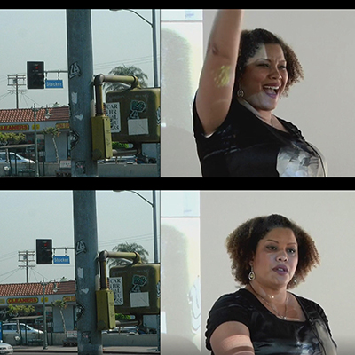 Image with two screenshots, each with two panels. The top screenshot shows the Stocker Street intersection in the left panel; the right panel shows the same woman from Figure 3 emoting and gesticulating, with one arm up. The bottom screenshot shows the same intersection in the left panel. The right panel shows the same woman as the top screenshot, only this time both of her arms are down and she has a more solemn facial expression.