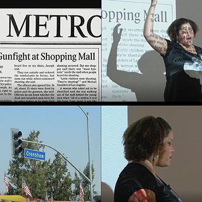 Image with two screenshots, each with two panels. The top screenshot shows the Metro newspaper in the left panel, and the top headline is “Gunfight at Shopping Mall.” In the right panel is the same woman from Figures 3 and 4, and she’s standing in front of a slideshow presentation, which shows the newspaper clipping from the left panel. She’s speaking passionately with one arm raised, and the text from the clipping is projected onto her face and upper body. The bottom screenshot shows the Crenshaw Street intersection in the left panel; the right panel now shows the woman looking outwards, and more solemn.