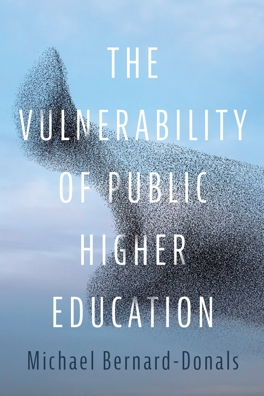 Front cover of The Vulnerability of Public Higher Education, by Michael Bernard-Donals, featuring an image of a large group of birds flying in a shape that will shift when they change direction.
