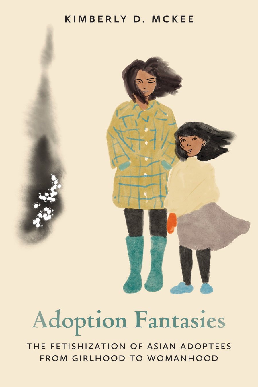 Front cover of Adoption Fantasies: The Fetishization of Asian Adoptees from Girlhood to Womanhood by Kimberly D. McKee, featuring an illustration of an Asian woman and young girl, their hair blowing in the wind, an evocative black shape with sparkles nearby.