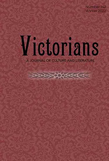 Victorians journal cover, with a maroon Victorian floral-patterned background with the journal title superimposed over it